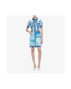 Moschino Consumer Print Denim Dress | 6pm Printed Denim Dress, Spray Print, Mandarin Collar Dress, Golden Dress, Print Denim, Norma Kamali, Sleeveless Shift Dress, Printed Denim, Cover Up Dress