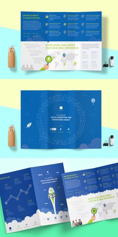 three fold brochure mockup templates with blue and green colors on them