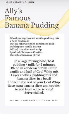 the recipe for banana pudding is shown in this advertise, with an image of bananas