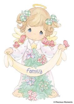 a drawing of an angel holding a banner with the word family on it's chest