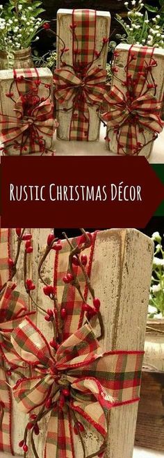 rustic christmas decor with red and white plaid bows on wooden blocks, surrounded by greenery