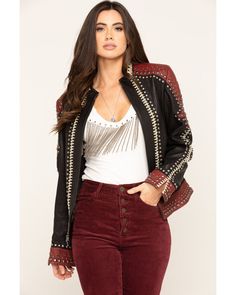 Double D Ranch Womens Oxblood By The Rio Grande Jacket, Red Fall Fitted Studded Biker Jacket, Studded Fitted Biker Jacket For Fall, Fitted Studded Biker Jacket For Fall, Fitted Biker Jacket With Studs For Fall, Fitted Outerwear With Rivets For Fall, Fitted Outerwear With Rhinestone Rivets, Fitted Leather Jacket For Festival, Edgy Embellished Winter Outerwear, Fall Festival Outerwear With Rivets