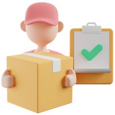 a small person is holding a box with a check mark on it, and another figure has a clipboard in front of them