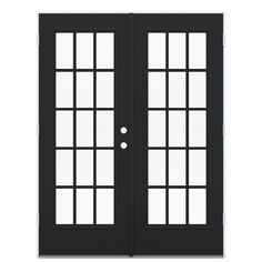 a black double door with glass panels