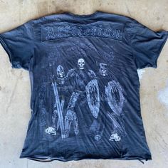 Y2K Crazy rare Affliction AOP Skeleton soldiers t-shirt - size medium/large - flaws shown (beautiful distressing)  - made in USA Affliction Men, Skeleton, Made In Usa, Size Medium