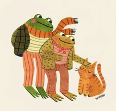 an image of two frogs and a cat