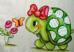 a painting of a turtle with a bow on it's head and flowers in the background