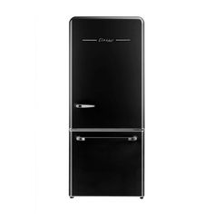 a black refrigerator freezer sitting on top of a white wall