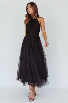 Andria Halterneck Tulle Midi Dress Black Black Art Deco Bridesmaid Dress, Wedding Party Black Dresses, Black Tie Optional Dress Women, Edgy Wedding Guest Outfit, Black Tie Dresses Wedding, Black Tie Optional Wedding Guest Dress, Black Tie Event Dress, Black Tie Optional Wedding, Black Selfie