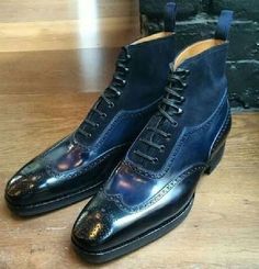 New Handmade Men's Blue Wing Tip Brogue Boots, Men Leather Suede Designer Boots on Storenvy Boots For Men Fashion, Men Fashion Dress, Fancy Boots, Brogue Boots, Custom Design Shoes, Mens Leather Boots, Suede Leather Boots, Dress Boots, Boots For Men