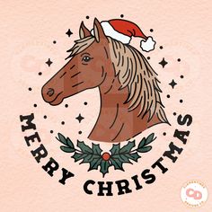 a horse with a santa hat on it's head and holly wreath around its neck