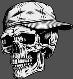 a black and white drawing of a skull wearing a baseball cap with one eye open