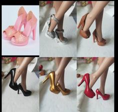 six different types of high heeled shoes with heels on the bottom and one in the middle