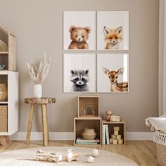 a living room filled with furniture and pictures on the wall