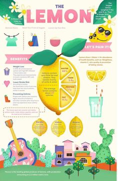 a poster with lemons and other things to eat on the front side of it