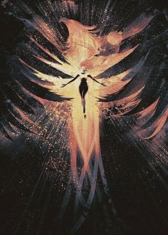 a person standing in the middle of an abstract painting with wings flying above them and stars all around