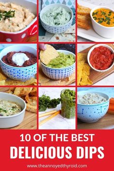 the top ten delicious dips to serve at your next party or gathering with text overlay that reads, 10 of the best delicious dips