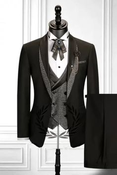 Stitching Shawl Lapel Black 3 Piece Men's Suit with Double Breasted Waistcoat | Allaboutsuit Fitted Black Three-piece Suit For Winter, Fitted Black Double Breasted Suit For Party, Black Fitted Double Breasted Suit For Party, Black Three-piece Suit For Groom With Notch Lapel, Black Three-piece Suit With Notch Lapel For Wedding, Black Three-piece Suit With Notch Lapel For Groom, Elegant Black Three-piece Suit For Winter, Luxury Black Three-piece Party Suit, Winter Wedding Double Breasted Tuxedo Suit