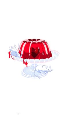 a red jelly cake on a plate with two white mice around it and a heart in the middle