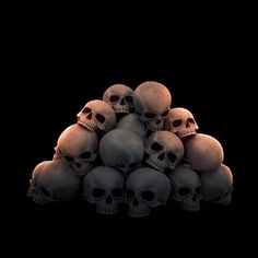 a pile of skulls sitting on top of each other in front of a black background