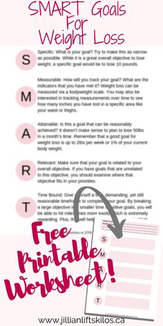 SMART goals for weight loss worksheet! Not losing weight? Check out this step by step guide to making attainable weight loss goals. Realistic weight loss goals are yours to achieve with this free worksheet. My Goals, Smart Goals, Step By Step Guide, Lose Belly Fat, Weight Gain