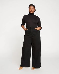 Carrie High Rise Wide Leg Jeans - Black | Universal Standard Wide Leg Black Jeans Outfit, Black Wide Leg Jeans Outfit, Wide Leg Jeans Plus Size, Wide Leg Black Jeans, Puffer Vest Fashion, Black Wide Leg Jeans, Wide Leg Jeans Outfit, Athleisure Pants, Weekend Dresses