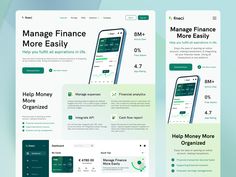 the website design for finance firm is displayed in green and white colors, with an image of