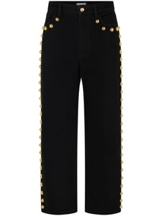 black cotton denim stud embellishment wide leg front button and zip fastening classic five pockets 70s Era, Embellished Denim, Fall 24, Paco Rabanne, Jeans Boyfriend, Pre Fall, Gold Studs, Straight Cut, Retro Inspired