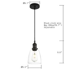 an image of a light fixture with measurements for the bulb and glass shade on it