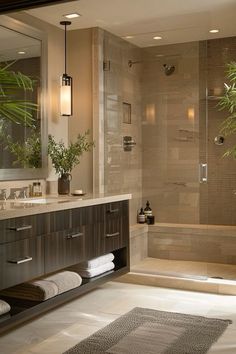 a bathroom with two sinks and a bathtub next to a large mirror on the wall