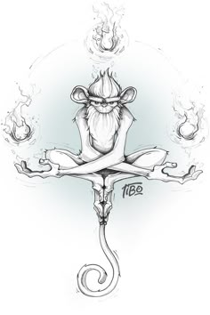 a drawing of a monkey sitting on top of a cross with flames coming out of it