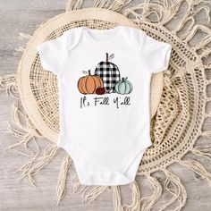 These cute It's Fall Y'all baby bodysuits are perfect for the Fall season. It can also make the perfect thoughtful baby gift at a baby shower! This soft and comfortable baby bodysuit will be a great addition to any baby's wardrobe, and lap shoulders will make for easier changing. Simple, yet elegant this cute Fall bodysuit is a must for your little one. Bring home your special pumpkin in this fall baby bodysuit.  This adorable design is available in short or long sleeves. Printed on a award winn White Cotton Onesie For Fall, Fall Cotton Onesie With Letter Print, Cute White Onesie For Fall, Fitted White Onesie For Fall, Thoughtful Baby Gifts, Fall Bodysuit, Baby Fall, Pumpkin Outfit, Outfit Autumn