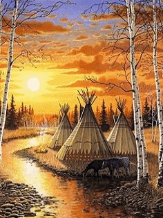 a painting of native american teepees at sunset