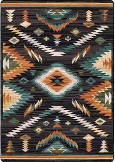 an area rug with different colors and designs on the front, including green, brown, orange