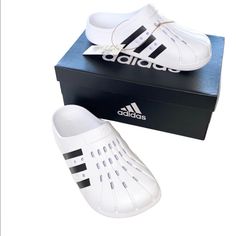 Brand New In Boxes Adidas Adilette White/Black Unisex Clog Sz 7 & Sz 8 Black Clogs, Adidas Adilette, Shoes Brand, Mule Clogs, Mules Shoes, Black Adidas, Adidas Shoes, Shoe Brands, Adidas Women