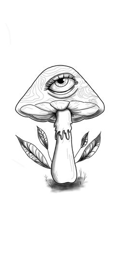 a black and white drawing of a mushroom with eyes on it's head, surrounded by leaves