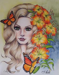 a drawing of a woman with flowers and butterflies on her head, surrounded by orange lilies