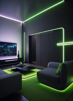 a living room filled with furniture and neon lights on the walls, along with a flat screen tv