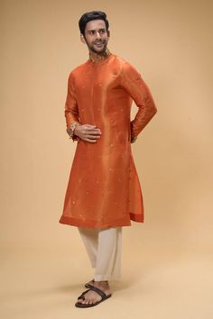 Orange kurta with all over floral threadwork motifs, embellished by beads and sequins. Comes with pant. - Aza Fashions Embroidered Orange, Men Kurta, Eid Party, Diana Penty, Luxury Sale, Kurta With Pants, Fashion App, Pants Pattern, Modern Bride