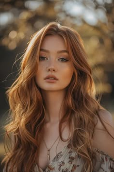 Ginger-haired woman with freckles looking at the camera, warm sunlight background. Cinnamon Copper Hair Color, Golden Chestnut Hair, Gingerbread Hair Color, Fall Ginger Hair, Brownish Ginger Hair, Red Hair Hazel Eyes, Red Hair And Brown Eyes, Hair Color For Green Eyes, Warm Red Hair