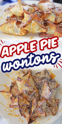 apple pie wontons on a white plate with the title above it in red and blue