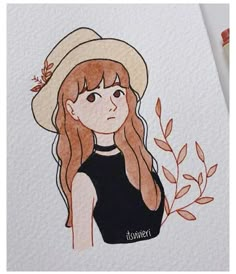 a drawing of a girl with long hair wearing a hat and holding a plant in her hand