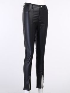 These Malaya Pants are made of quality vegan leather and feature a high-waisted skinny design and slits at the cuff. Pair them with a classic bodysuit and high heels for a night out! Stretch Faux Leather Pants For Club, Sleek Faux Leather Pants For Date Night, High Waist Faux Leather Pants, High Waist Faux Leather Leggings For Night Out, High Stretch Faux Leather Leggings For Parties, Fitted High-waist Faux Leather Pants, Fitted High Waist Polyurethane Leather Pants, Sleek Fitted Leggings For Club Wear, Sleek Fitted Leggings For Club