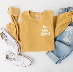 Be the Good Sweatshirt - Weekend Sweatshirt - Comfy Sweatshirt - Bella Canvas Sweatshirt - Bella Canvas - Gifts for Her - Summer Sweatshirt Our best-selling Bella canvas sweatshirt is the must-have piece you'll turn to time after time. Made from a medium weight cotton fabric, it's designed to be a relaxed but not boxy fit for complete comfort! SIZING:  Sweatshirts are Bella + Canvas Unisex and super soft! They run true to size. Please check the sizing guide before ordering.  COLORS: Colors may v Sweatshirt Sleeve Designs, Merchandise Ideas Clothing, Sweatshirt Designs Vinyl, Cricut Sweatshirt Ideas Women, Diy Sweatshirt Ideas, Vinyl Sweatshirt Ideas, Simple Tshirt Design, Thankful Sweatshirt, Weekend Sweatshirt