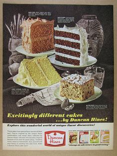 an advertisement for duncan's cake mixes with three different types of cakes on plates