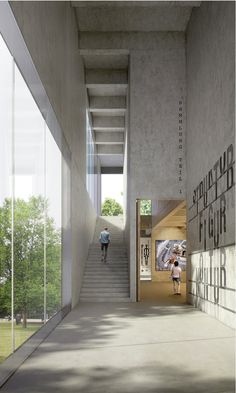 an artist's rendering of a person walking up stairs in a building with large windows