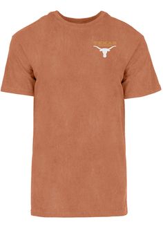 Show off your team pride in this Texas Longhorns Burnt Orange Gracia Short Sleeve T Shirt! This Texas Short Sleeve Tee features a screen print of Longhorns logo on front left chest and Austin Trees graphic on back. Make sure everyone knows you root for the Longhorns with this Burnt Orange Texas T Shirt. Hook Em Horns! Unisex tee, Washed out material, Screen print graphic, Unisex, 100% Cotton Summer Fan Gear Graphic Tee Tops, Summer Fan Gear Graphic Tee, Crew Neck Tops With Front Print For Fan Gear, Summer Graphic Tee Tops For Fans, Relaxed Fit Tops With Back Print For Fans, Casual Crew Neck T-shirt In Team Colors, Texas T Shirt, Hook Em Horns, Orange Texas