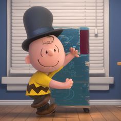 a cartoon character is standing in front of a blue door with a black top hat