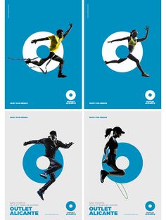 four different images of people jumping in the air with their arms out and feet apart