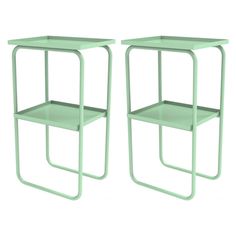 two green side tables sitting next to each other on a white background, one is empty and the other has an open shelf